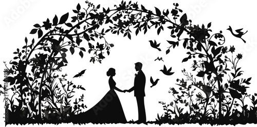 Romantic silhouette of a bride and groom under a floral archway with flying birds