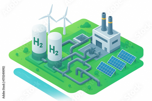"Hydrogen Energy Plant with Solar Panels and Wind Turbines"