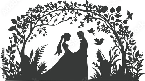 Romantic silhouette of a bride and groom embracing under a lush tree archway