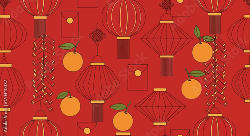 Seamless Chinese New Year Pattern Red Lanterns Oranges and Firecrackers on Festive Red Background