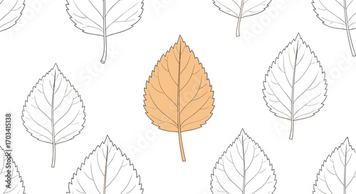 A single golden leaf stands out amidst a pattern of delicate outline leaves in autumn