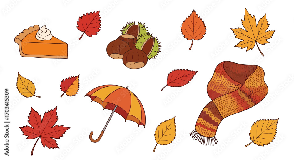 Obraz premium Cozy Autumn Harvest Vector Graphics Collection Pumpkin Pie Scarf Umbrella Falling Leaves
