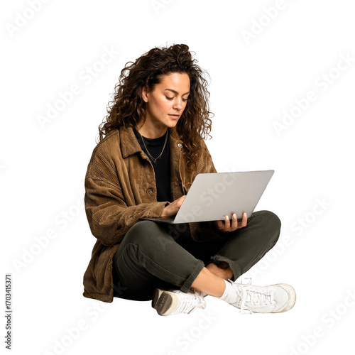 A woman is sitting on the floor with a laptop in front of her