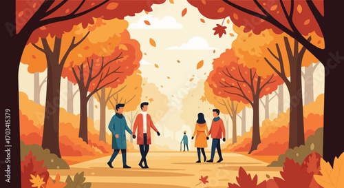 Autumn Park Scene Diverse People Enjoying a Stroll Amidst Vibrant Fall Foliage and Falling Leaves