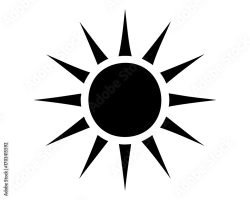 Stylized Simple Black Sun with Sharp Rays on White Background