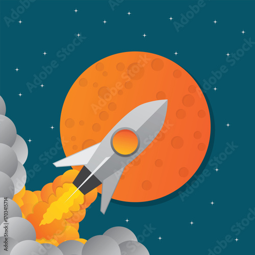 Rocket ship in a flat style.Vector illustration with 3d flying rocket. Space travel to the moon. Space rocket launch. Project start up and development process.