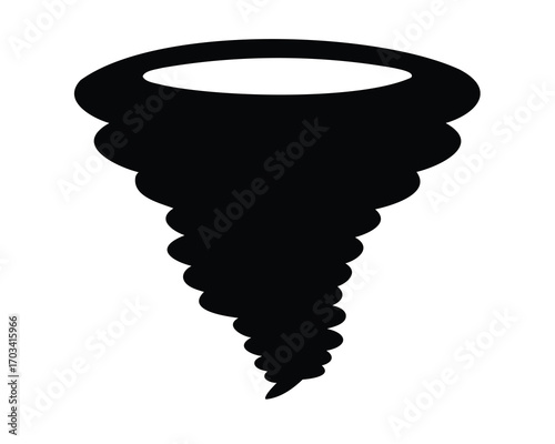 A black silhouette of a swirling tornado on a white background