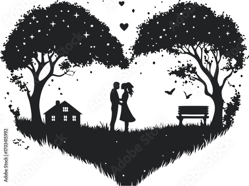 Romantic silhouette of a couple embracing under heart shaped trees with a house and bench