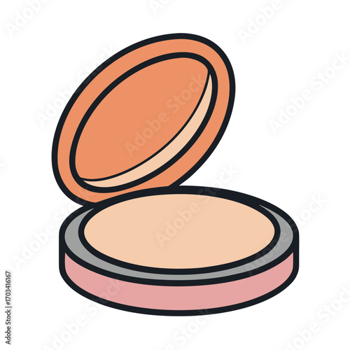 Open compact powder makeup with pink case and orange lid