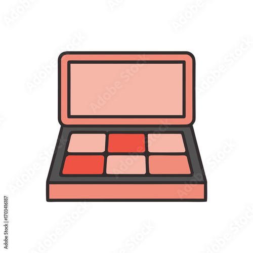 Open makeup palette with six shades of pink and coral