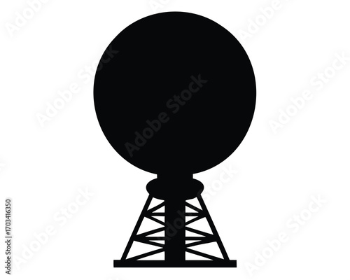 Silhouette of a large spherical structure on a triangular support tower