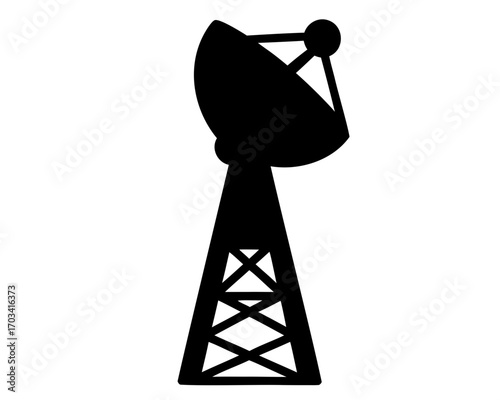 Silhouette of a satellite communications dish or radio telescope on a tower