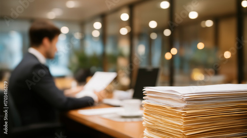 A college intern organizes files in a bustling law firm’s office with towering stacks of legal documents coffee cups on cluttered desks attorneys debating in a glass walled