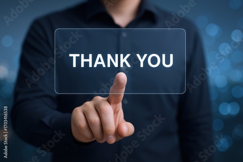 Thank You Message Displayed on a Transparent Virtual Screen, Activated by a Person's Touch for Digital Gratitude