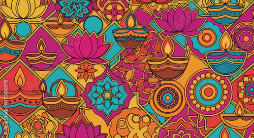 Vibrant Diwali Celebration Pattern Illustration, Suitable for Festive Invitations, Backdrops, and Cultural Event Decorations with a touch of Indian tradition