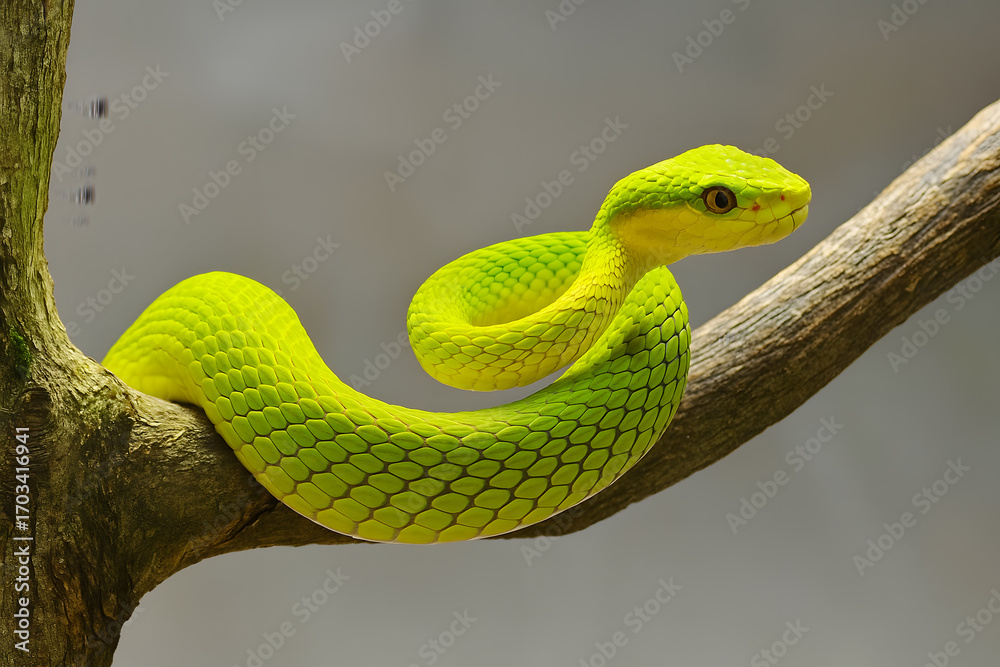 Fototapeta premium Emerald Green Tree Viper Coiled on a Branch Striking Reptile, Wild Snake, and Rainforest Predator Nature Scene