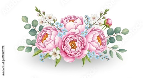 Delicate arrangement of soft pink peonies, accented with sprigs of eucalyptus and tiny blossoms, creating a lovely floral composition.