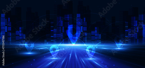Futuristic smart city night skyscrapers on dark blue background.