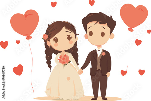 Cute cartoon bride and groom holding hands surrounded by heart shaped balloons and confetti