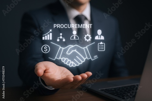 Procurement concept: Businessman presenting a digital handshake symbolizing strategic sourcing and supply chain management solutions