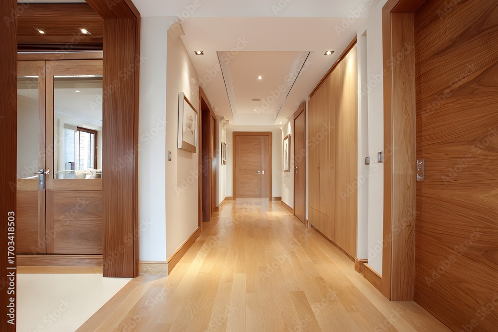 Obraz premium Neutral hallway interior with wooden details, uncluttered