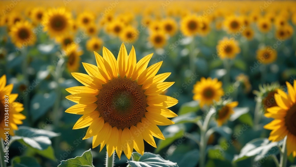 Fototapeta premium Single hero sunflower in a vast field, captured from a low angle with a shallow depth of field, basking in the warm glow of the sun.