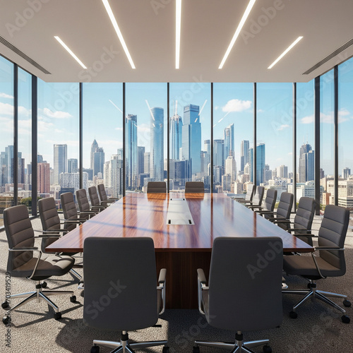 Obraz na płótnie Modern empty conference room with panoramic city skyline view through floor to ceiling glass wall