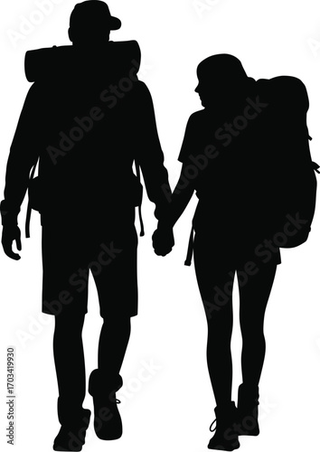 Hikers holding hands with backpacks couple walking