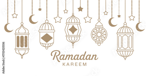 Ramadan Kareem Banner – Traditional Eastern Mosaic Lamps, Crescent and Stars on Ethnic Gold Background, EPS10 Vector Illustration for Islamic Holiday, Celebration, and Festive Design
