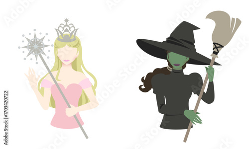 Vector illustration of a blonde good witch and a green-skinned wicked witch.Two witch characters from the Wizard of Oz in fantasy and fairy tales.	