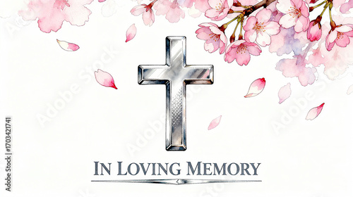 A silver cross and cherry blossoms, accompanied by the words' In Loving Memory ', represent the concept of commemorating the deceased and are used to commemorate the scene.

