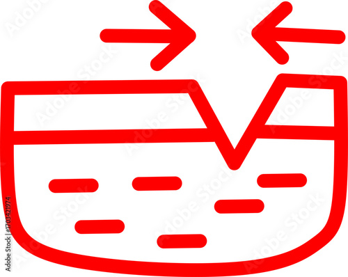 Red tectonic plate collision icon with arrows, symbolizing geology, earthquake, seismic activity, fault lines, natural disaster, continental drift, and earth science.
