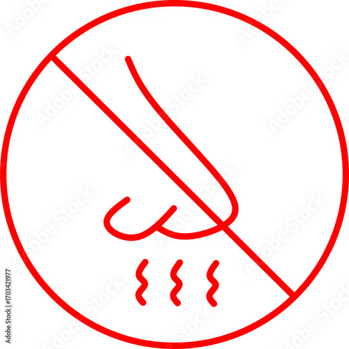 Red no odor symbol with nose and smell waves crossed out, representing bad smell warning, odor prohibition, hygiene, sanitation, allergy, and safety concept.
