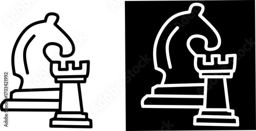 Minimalist chess icon featuring knight and rook pieces, symbolizing strategy, intelligence, competition, leadership, planning, logic, and tactical decision-making.
