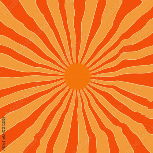 Abstract comic retro on modern vibrant radial sunburst, graphic design in hues red orange and yellow grunge surface texture background.