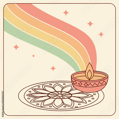 Diwali celebration with a diya lamp and a colorful rainbow isolated on white