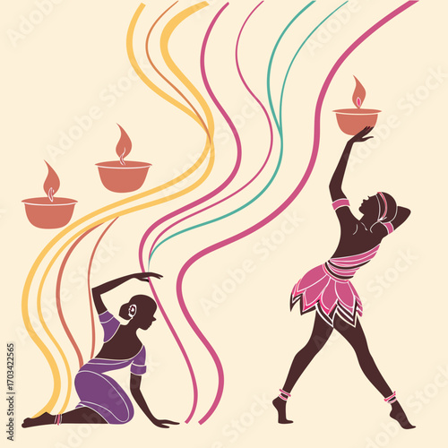 Diwali celebration with dancers and diya lamps