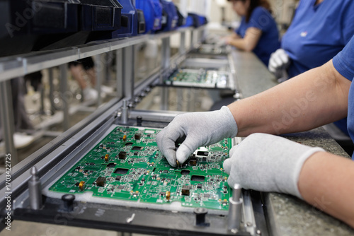 Gloved technician assembling PCB on modern SMT production line