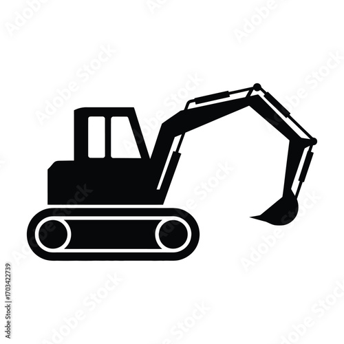 Black silhouette of an excavator digging machine on a white background