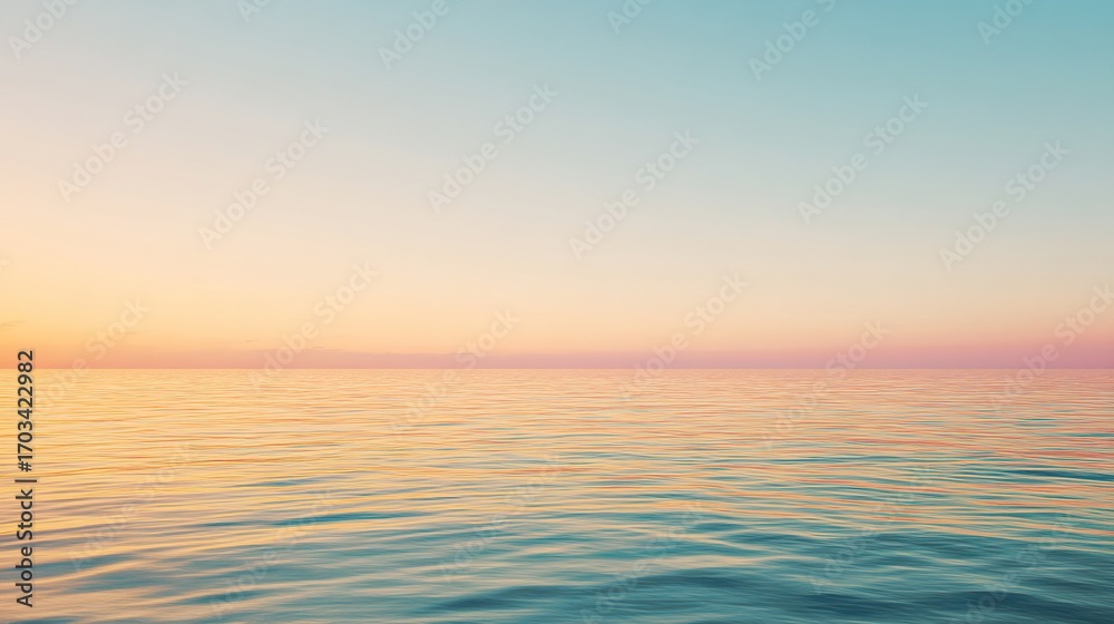 Naklejka premium Soft gradient pastel sky stretching over the horizon, paired with a minimal seascape that leaves plenty of copy space for text, logos, or design elements, creating a calm and gentle natural scene.