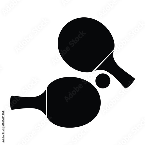 Two black silhouettes of ping pong paddles and a ball on white background