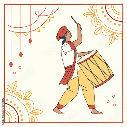 Man playing dhol with stick wearing turban