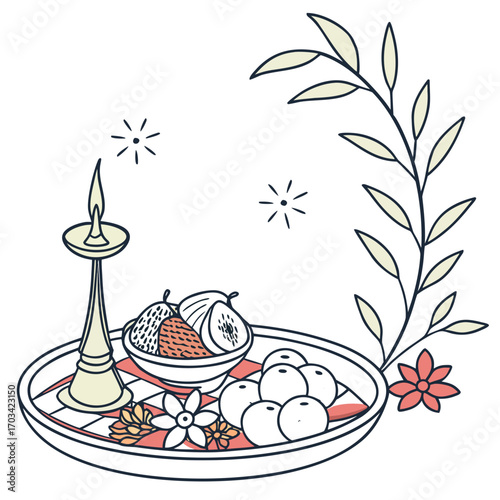 Offering platter with candle, fruit, and floral decoration