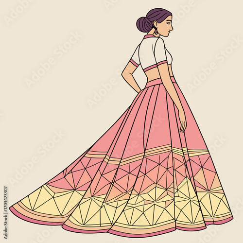 Woman in a colorful indian lehenga choli with geometric triangle patterns