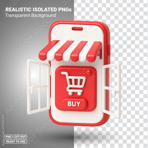 3D Online Shopping Smartphone Storefront with Cart Button Transparent PNG file ready to be used.