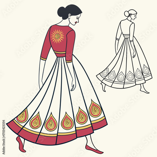 Woman in a red and white dress with sun motif
