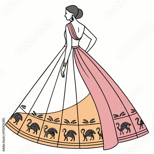 Woman in gown with animal motif, fashion illustration