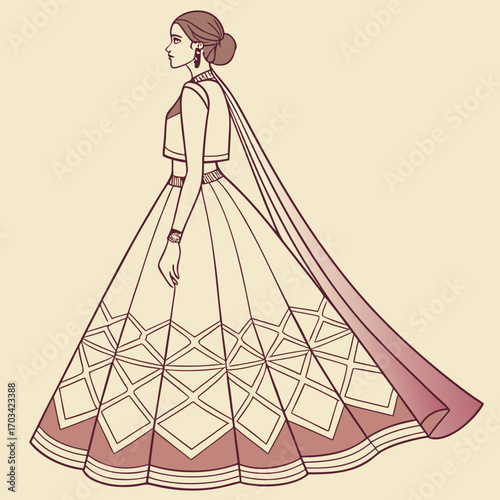 Woman in a traditional indian lehenga choli with geometric diamond patterns