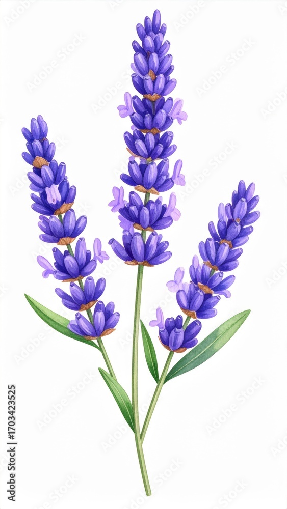 Fototapeta premium Three Watercolor Sprigs of Purple Lavender with Green Leaves on White Background