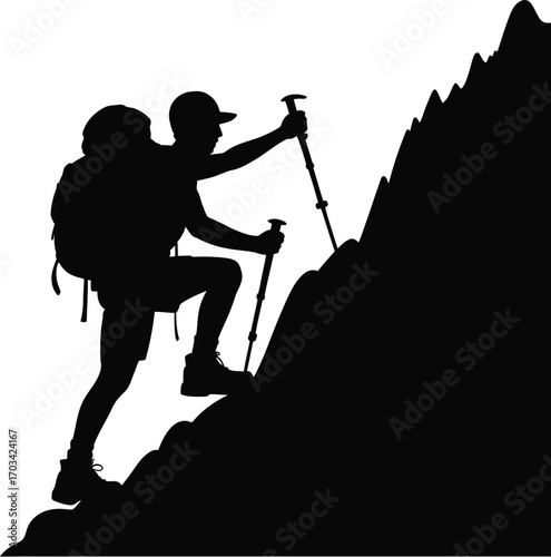 Silhouette hiker climbing steep mountain peak vector